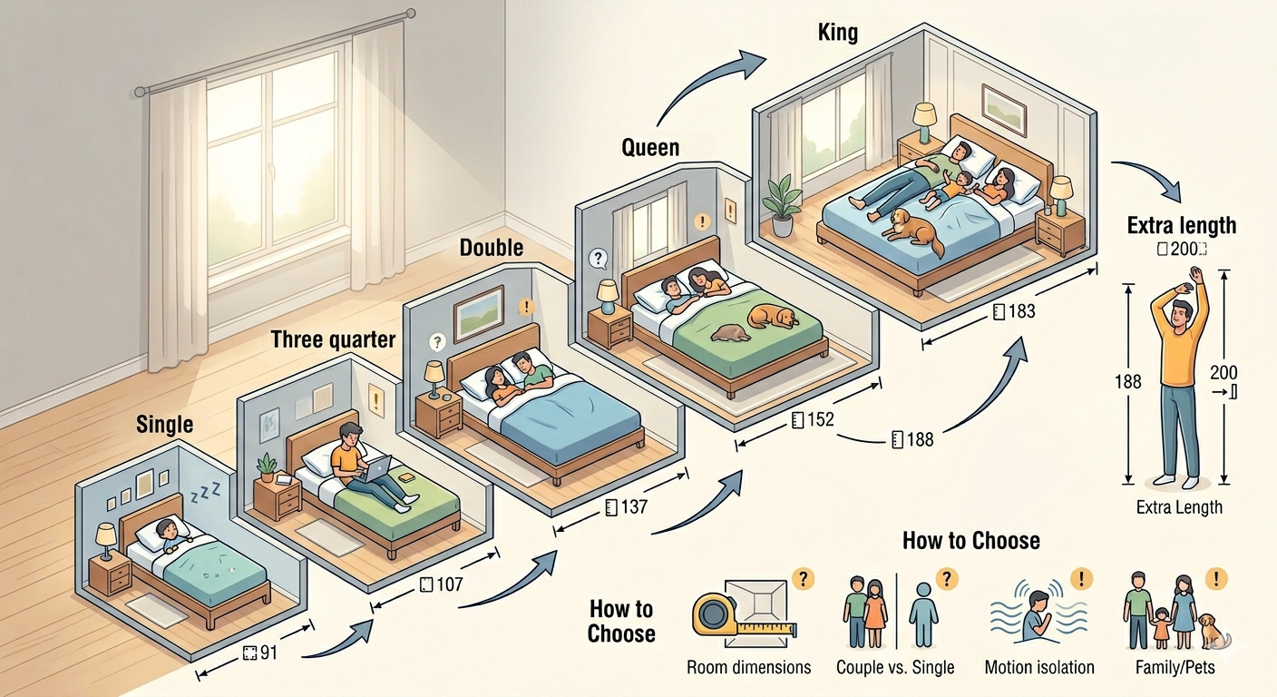 Bed sizes in South Africa comparison showing single, three quarter, double, queen and king bed dimensions in cm