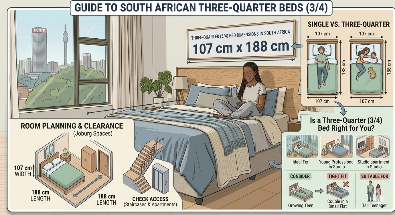 three quarter bed dimensions 107 cm x 188 cm south africa suitable for small rooms and affordable beds in johannesburg