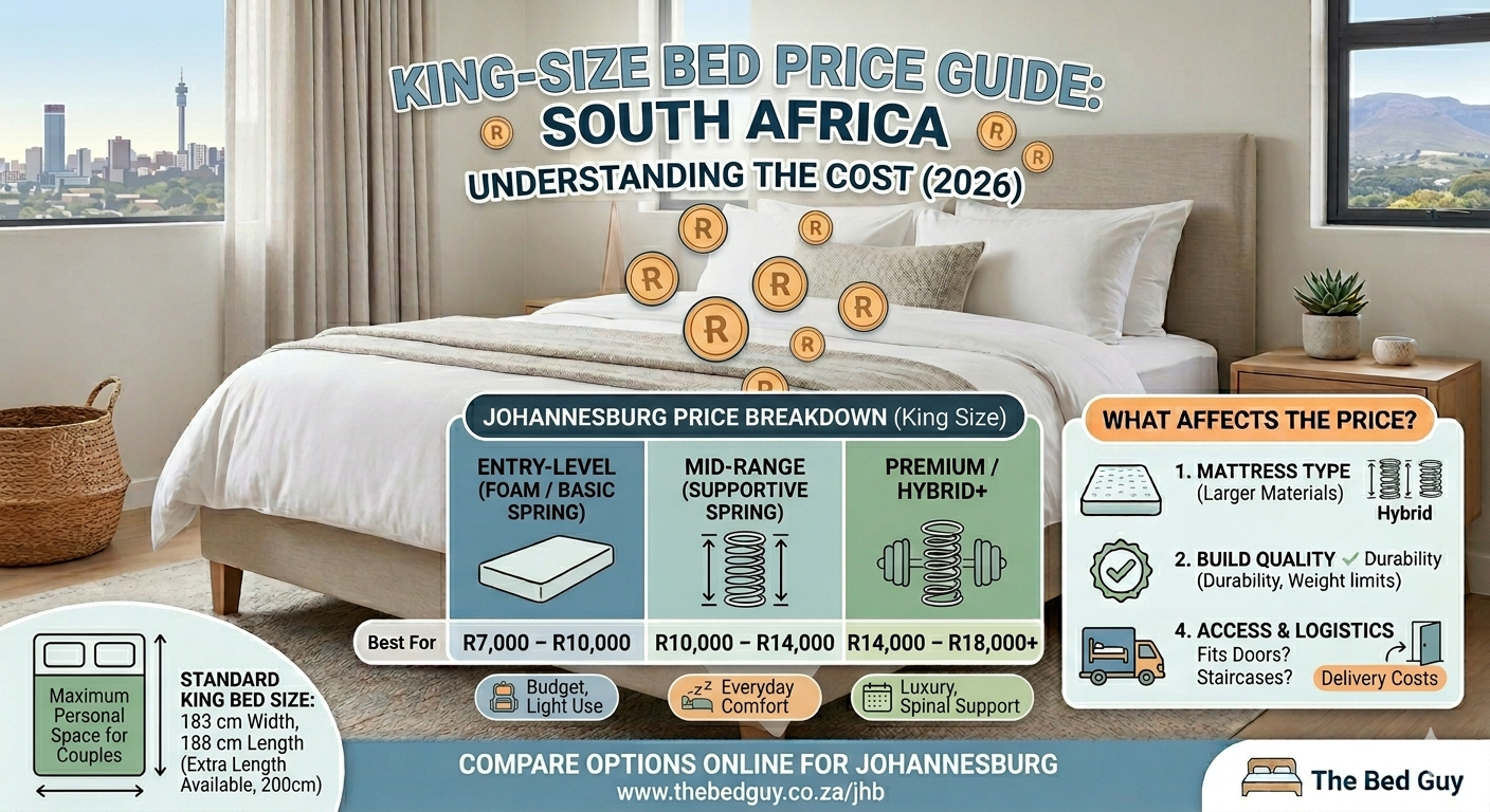 King size bed with mattress in a modern bedroom, showing space and comfort typical of king beds in South Africa