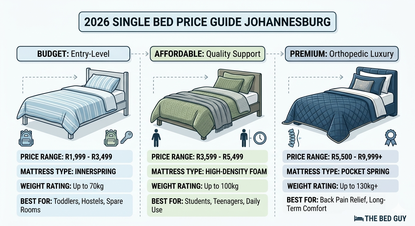 Infographic for 2026 Single Bed Price Guide in Johannesburg, comparing Budget, Mid-Range, and Premium sets by cost and feature.