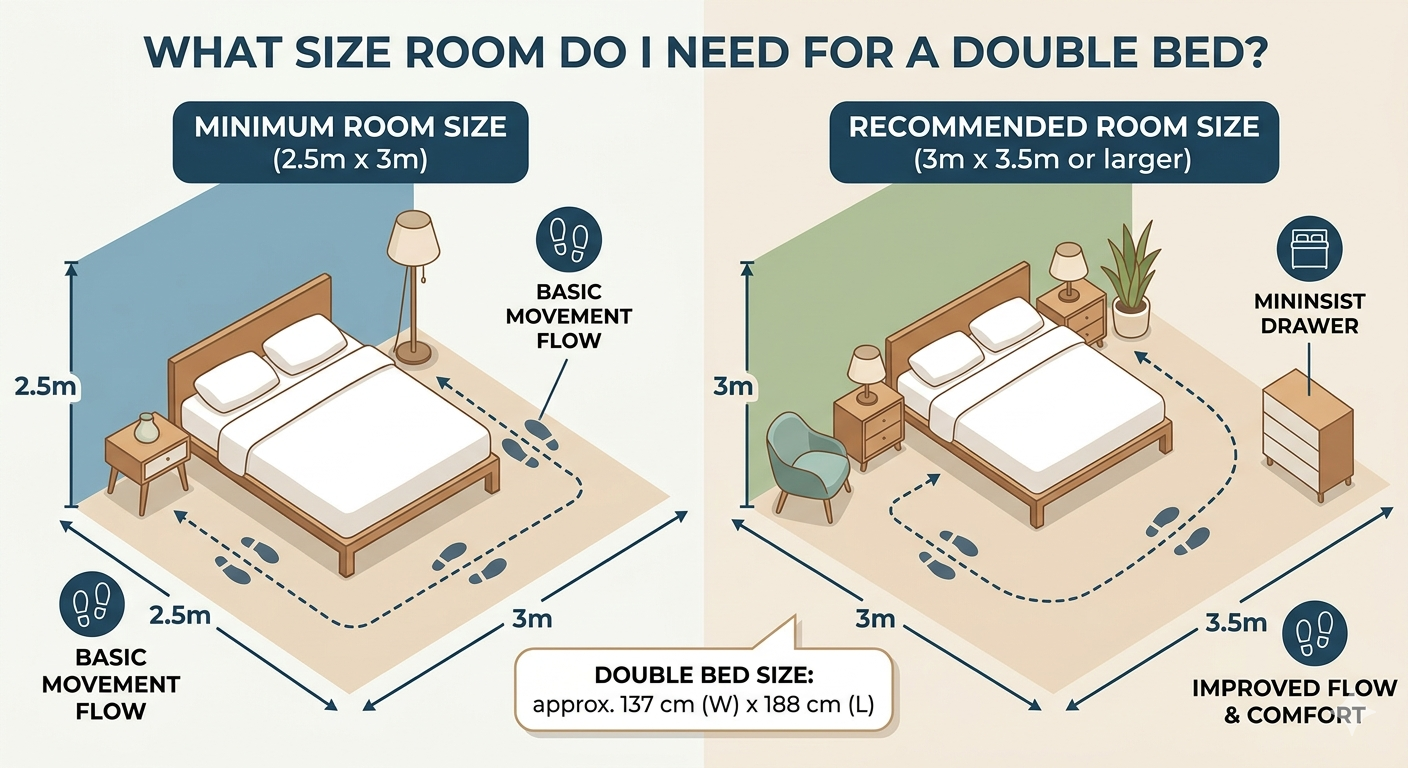 Image of bedroom layout with measurements showing how a double bed would fit