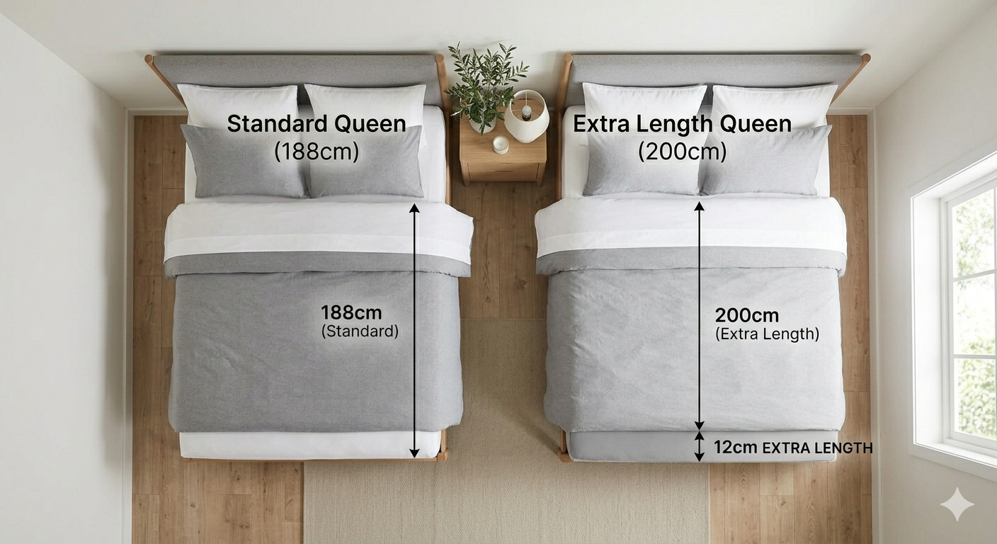 Image showing difference Queen Bed Standard Length vs Extra Length