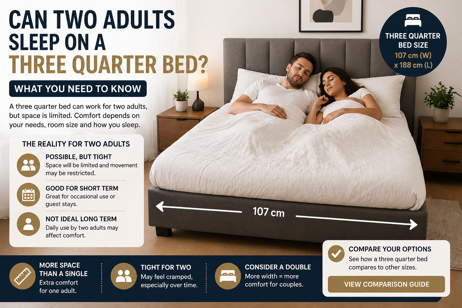 2 adults sleeping on a three quarter bed