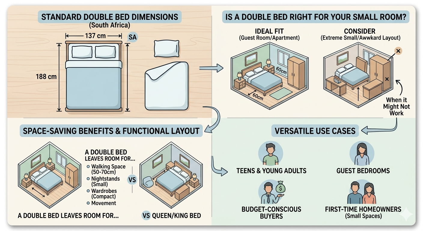 Complete guide to standard South African Double bed dimensions 137cm and small room layout - The Bed Guy.