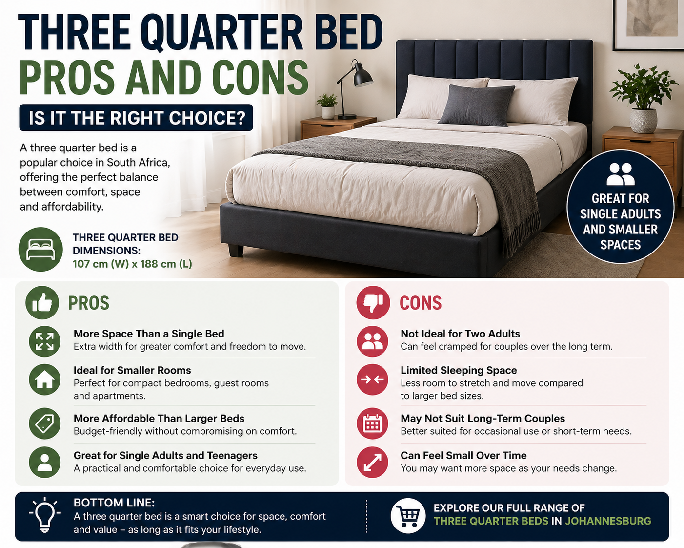 Info page stating pros and cons of three quarter beds