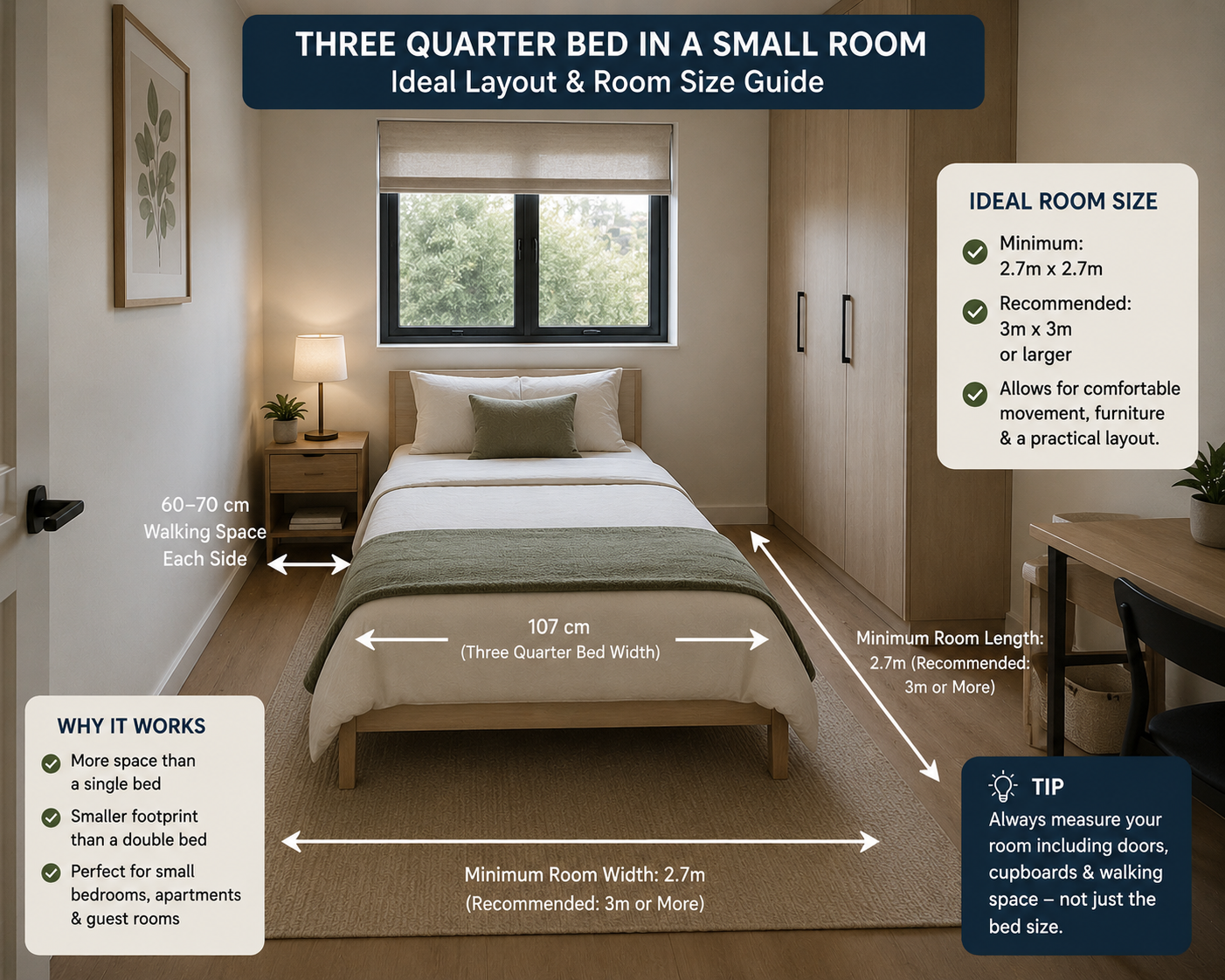 What size room do you need for a three quarter bed