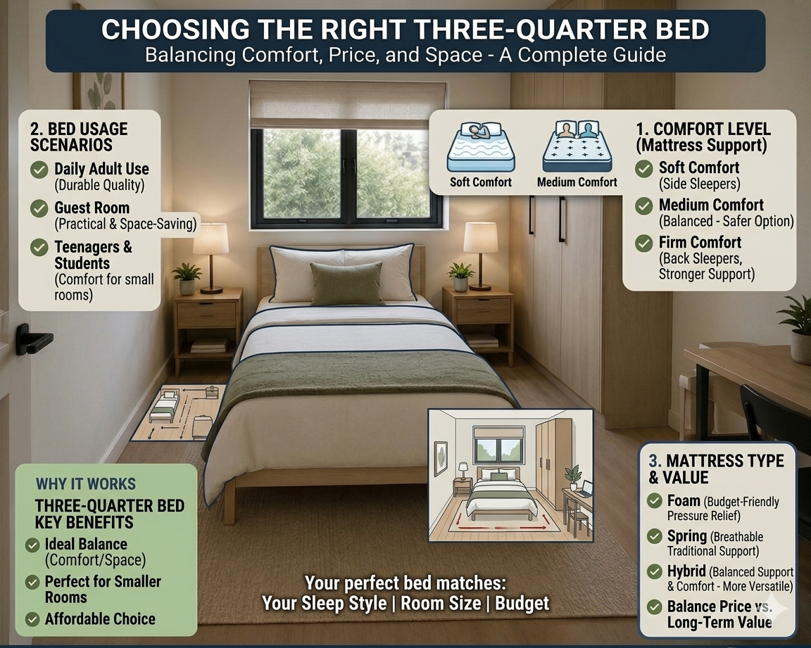 infographic showing tips on choosing the right three quarter bed