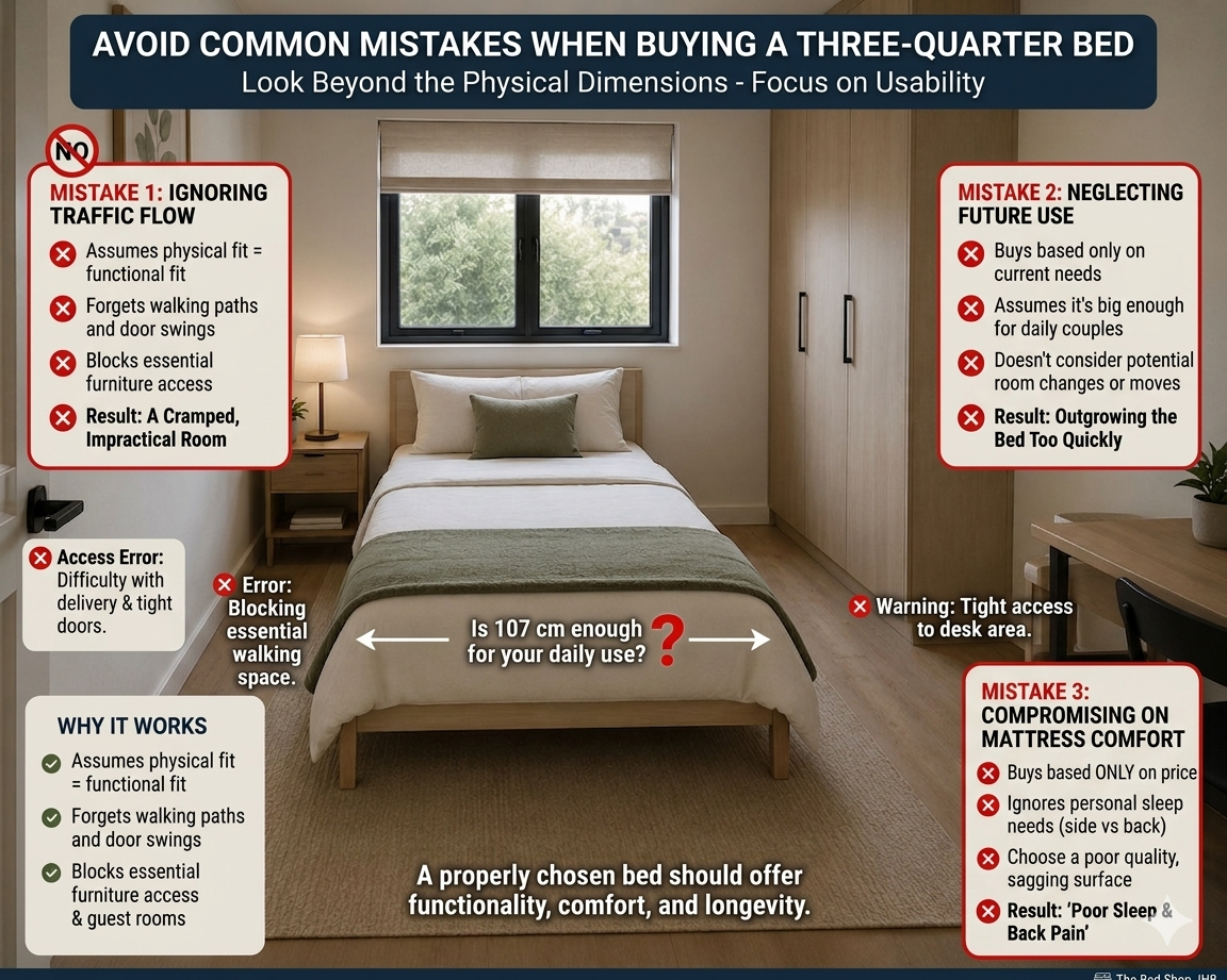 Infographic showing common mistakes when buying a three quarter bed