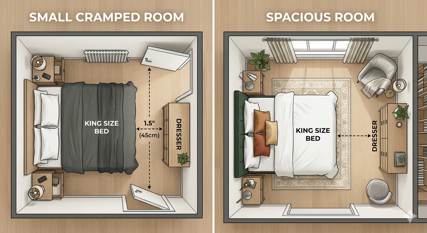 image showing two different size rooms and how a king bed would fit