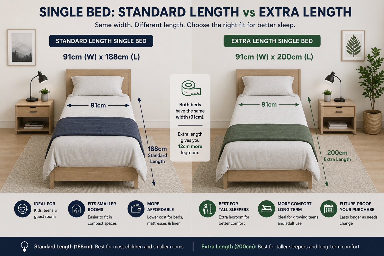single bed standard vs extra length