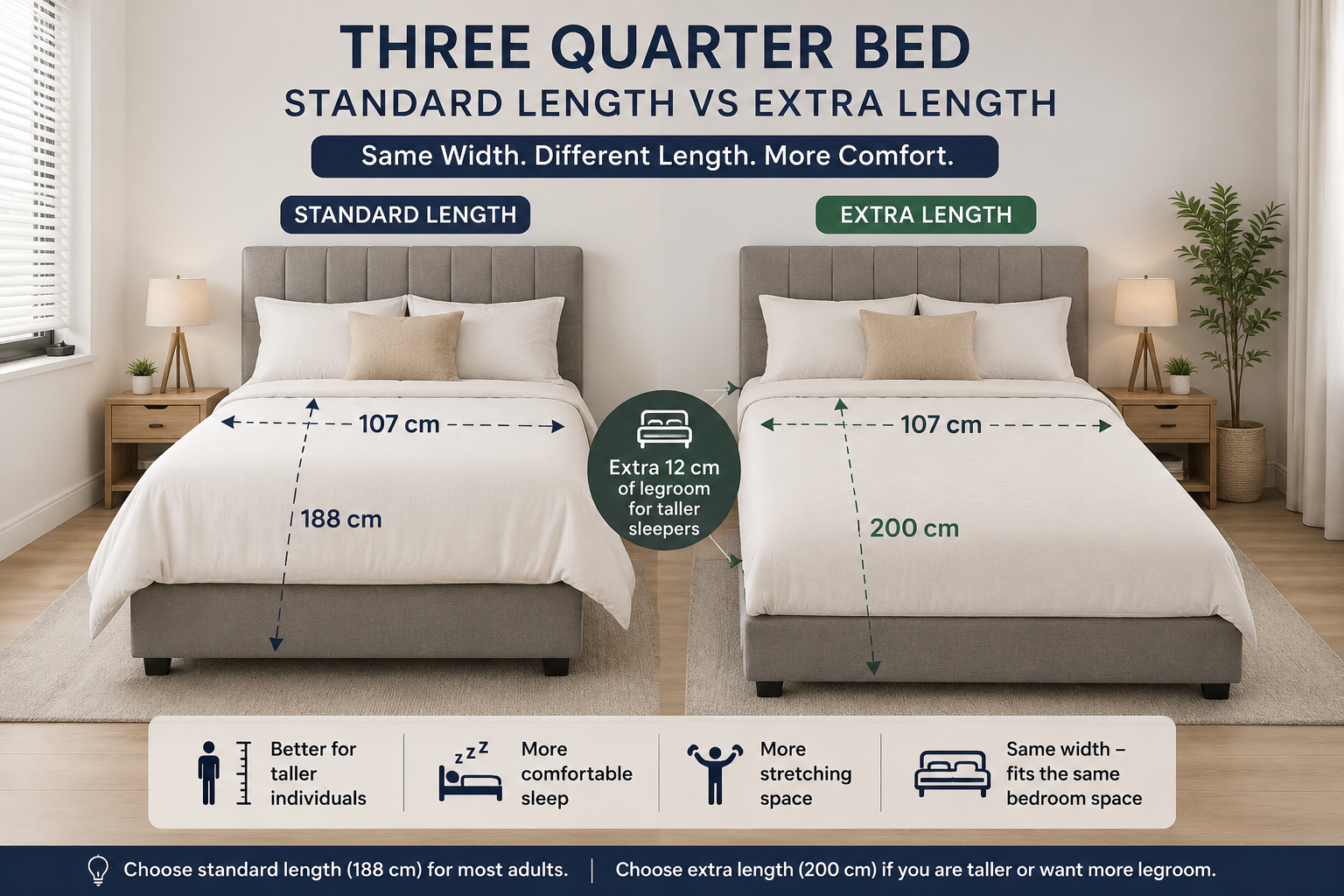 Standard vs extra length three quarter bed depiction